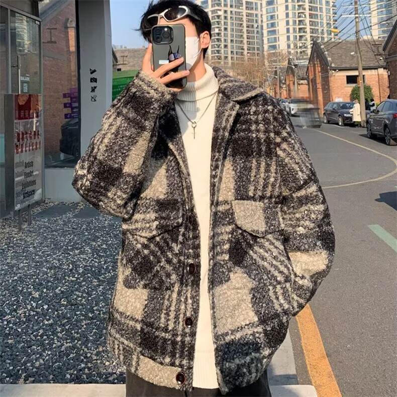 大码潮牌男装秋季毛圈格子呢大衣加大绒感百搭衬衫外套，男装衬衫，星座506A