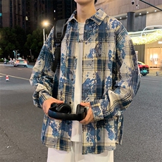 特批P45无差价秋新扎染格子长袖衬衫男士青少年痞帅衬衣外套C2543，男装衬衫，电商A001
