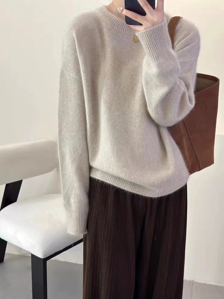 时尚百搭宽松显瘦纯色圆领羊毛衫女秋冬季新款长袖针织毛衣外套,女装羊毛衫,冀清阳荣