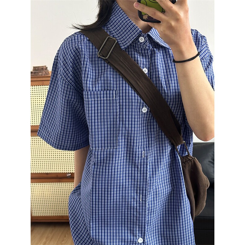 格子衬衫春夏美式短袖衬衫港风情侣装休闲衬衣CS286-P30,男装T恤,星座301C-5