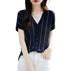 外搭V领莱赛尔天丝短袖开衫T恤女宽松撞色条纹针织休闲半袖上衣潮，女装T恤，暖烁羊绒