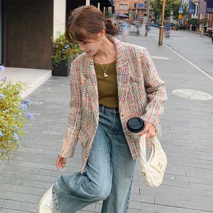 彩色针织小香风外套女春新款法式高级感超好看名媛气质粗花呢上衣图片