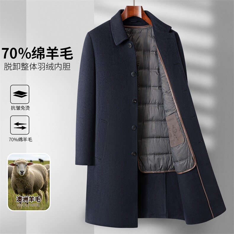 高端中年70%绵羊毛羽绒内胆西服大衣男秋冬中青年双面呢休闲外套,男装西服,钱塘723
