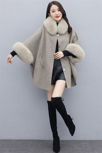 芷墨冬装新款时尚百搭毛呢外套斗篷外套可脱卸毛，女装毛呢外套，芷墨服饰