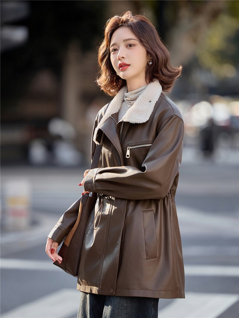 【冬季女装新款】中长款派克服加绒加厚保暖皮棉P-155,女装皮衣,简古