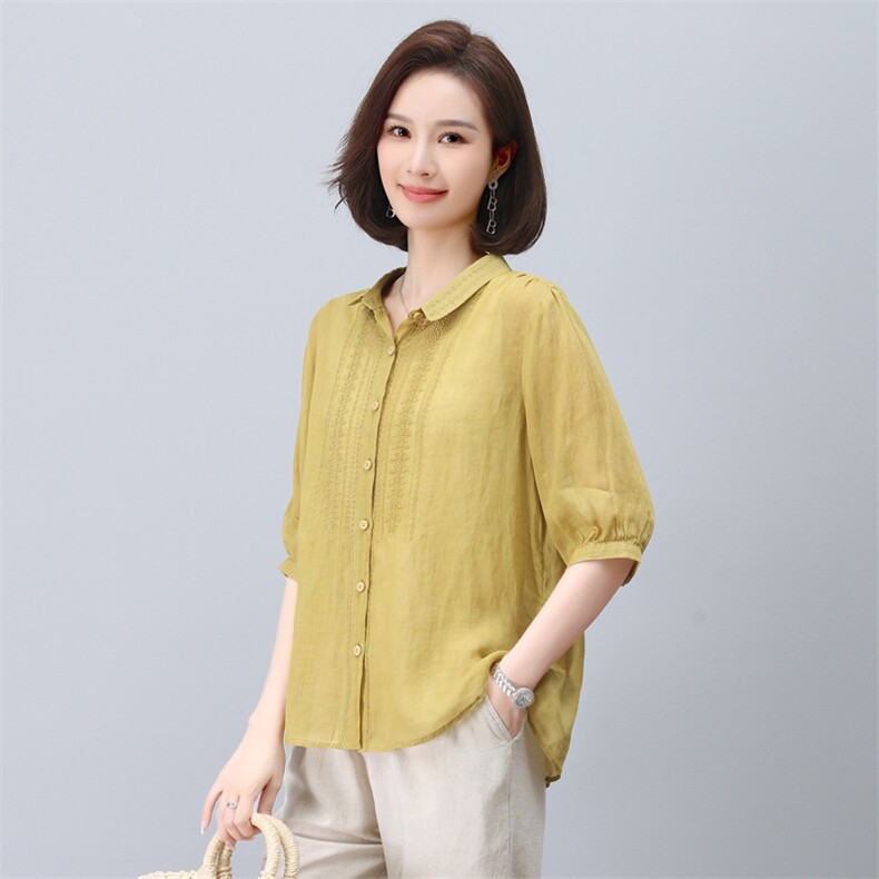 苎麻衬衫女夏季2024新款薄款宽松显瘦七分袖小衫减龄洋气妈妈上衣,女装衬衫,希欧阁