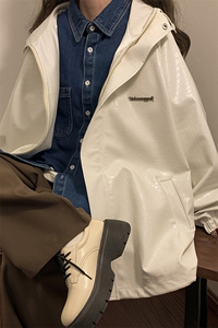中性连帽鳄鱼纹PU皮衣大码M-5XL情侣休闲冲锋衣夹克男JK8744P90控图片