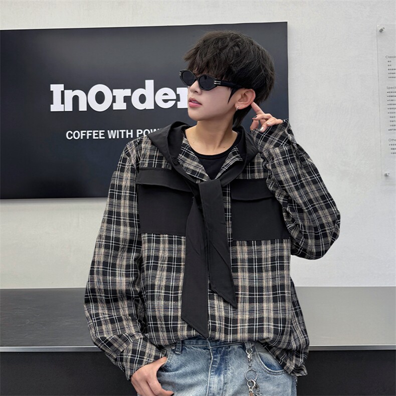 春夏新品原创小众设计感连帽系带长袖衬衫男士拼接格纹长袖衬衣潮,男装衬衫,电商B319