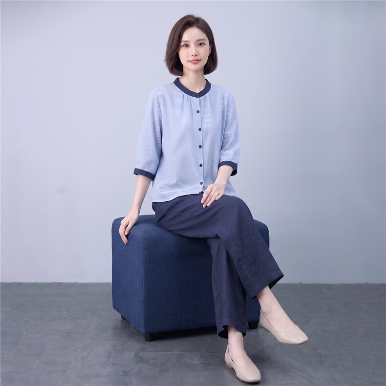 衬衫女撞色条纹宽松透气上衣,女装衬衫,曼沙奕珂