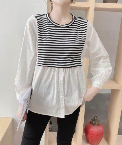 超逸世家4217意法2021年秋季新款长袖拼接条纹衬衫，女装衬衫，超逸世家