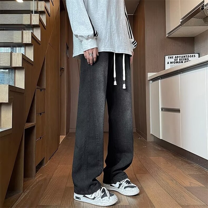 拼接潮牌牛仔裤男秋季cleanfit阔腿裤子复古宽松直筒长裤N7076,男装牛仔裤,星座1116A-1（原606A）