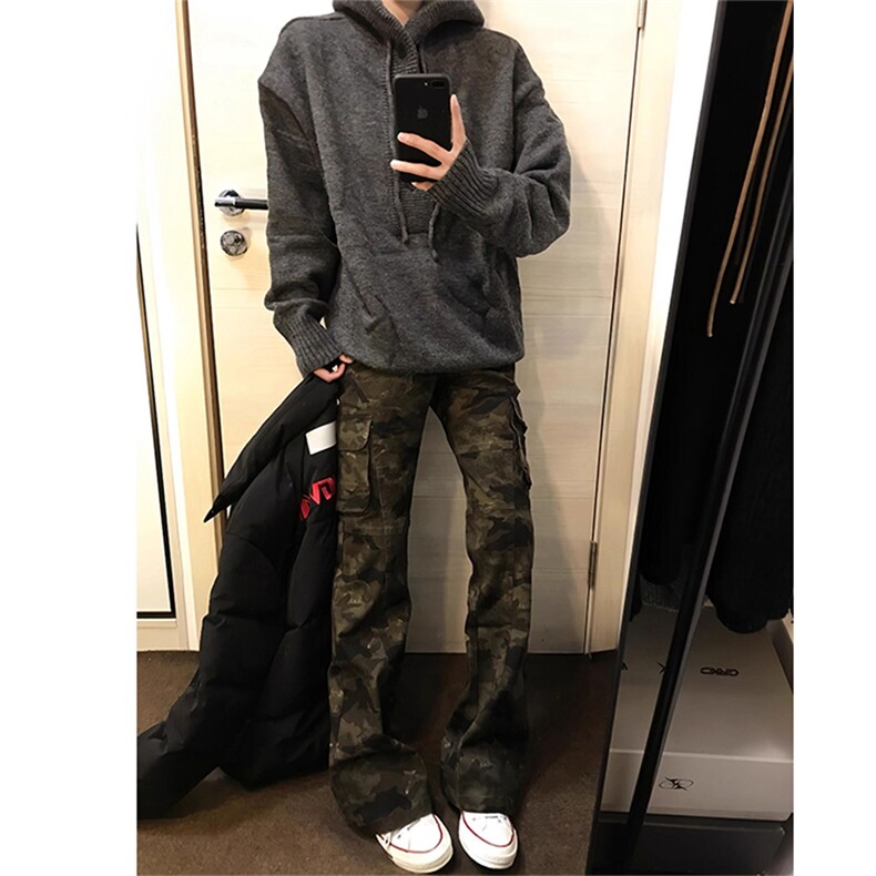 抖音得物美式复古迷彩微喇工装裤男款vibe高街裤子修身牛仔裤AK11图片