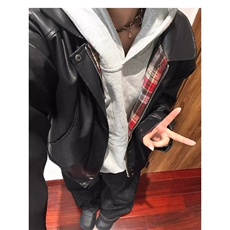 美式复古休闲格子双面穿PU皮夹克男秋冬季高街潮牌宽松机车服外套，男装夹克，星座516A