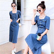 （现货）2026夏新款时尚方领气质显瘦休闲包臀薄料牛仔连衣裙女，女装连衣裙，印象茜