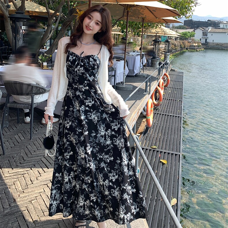 法式度假风针织披肩吊带连衣裙两件套2C317A-8817-P155-K208,女装套装/套裙,2C317A
