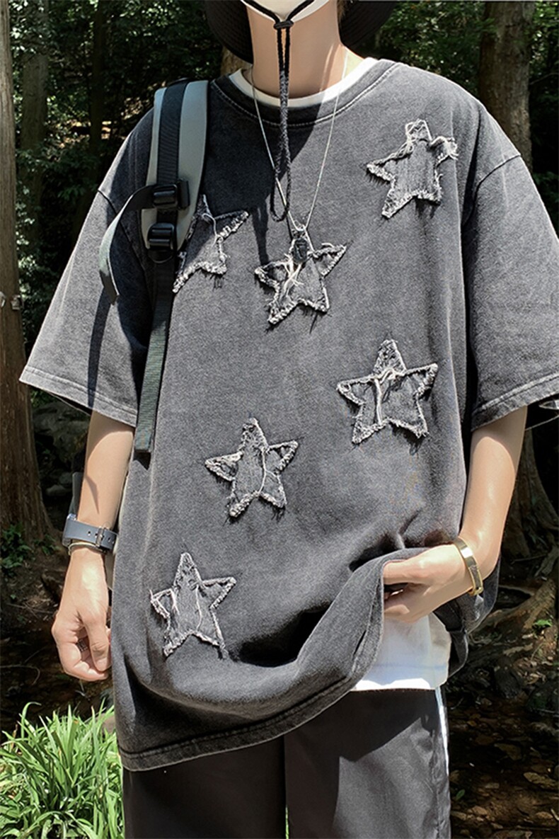 2024夏季新款港风日系复古水洗替补刺绣圆领短袖T恤男ZX445-P28,男装T恤,星座313A(原308A-2)