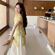 新中式套装盘扣开叉短袖衬衫女夏季2025新款宽松垂感阔腿裤两件套，女装套装/套裙，2C129