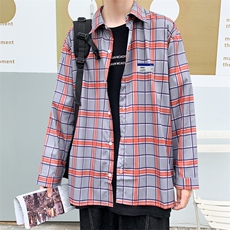 格子衬衫男ins百搭港风秋季休闲长袖衬衣宽松薄款外套W1094-P30，男装衬衫，星座512-2