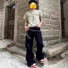 裁剪标语字母廓形拼接弯刀牛仔裤男女黑色宽松裤子N011，男装牛仔裤，星座1116A（原606A-3）