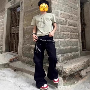 裁剪标语字母廓形拼接弯刀牛仔裤男女黑色宽松裤子 N011图片