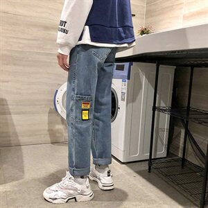 港风春夏款男牛仔裤多口袋贴标印花直筒宽松九分牛仔裤N图片