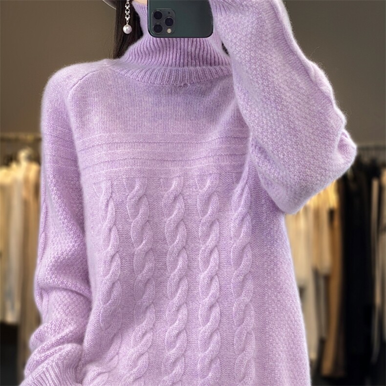 100%纯羊毛衫女高领加厚麻花针织毛衣宽松慵懒羊绒衫长袖打底上衣，女装羊毛衫，隆格羊绒
