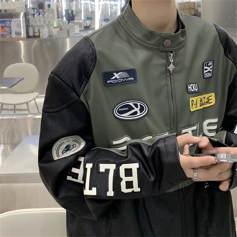 秋季青春流行男夹克文艺潮PU皮全机绣外套 QJ43 P85图片