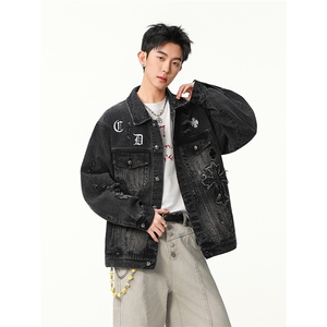 水洗牛仔外套男款春季美式痞帅上衣服宽松休闲工装夹克JK1319-P98图片