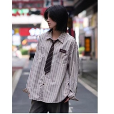春秋港风长袖条纹衬衫男女同款青少年感中性风宽松衬衣薄C92，男装衬衫，星座1116A（原606A-3）