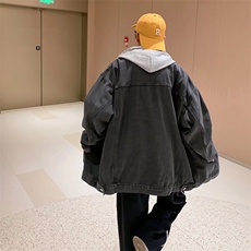 秋季连帽牛仔外套男宽松潮流帅气港风假两件上衣服潮牌夹克衫，男装工装外套，星座410-6（原星座1304-1）