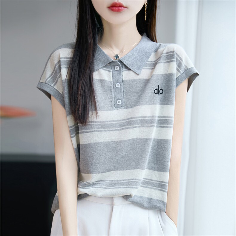 夏季新款天丝亚麻翻领刺绣条纹短袖女宽松百搭显瘦时尚休闲上衣,女装T恤,昭美羊绒