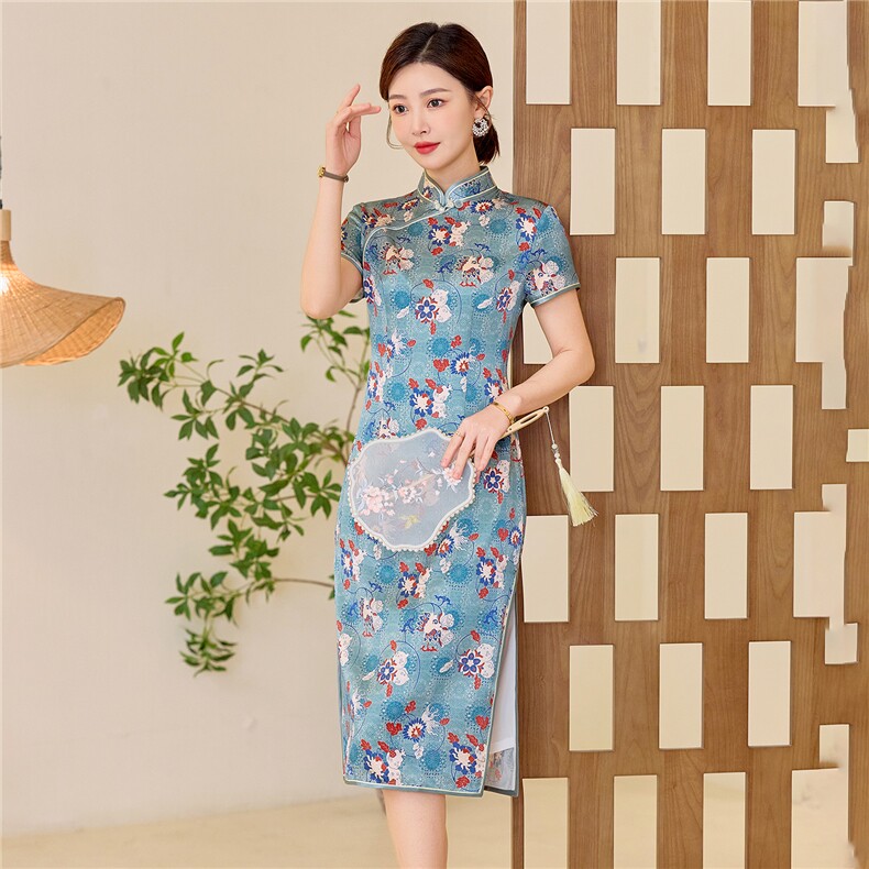 杭州品质真丝长裙复古印花连衣裙女春夏日常修身潮流真丝旗袍,女装汉服/婚纱/旗袍/礼服,小荷流