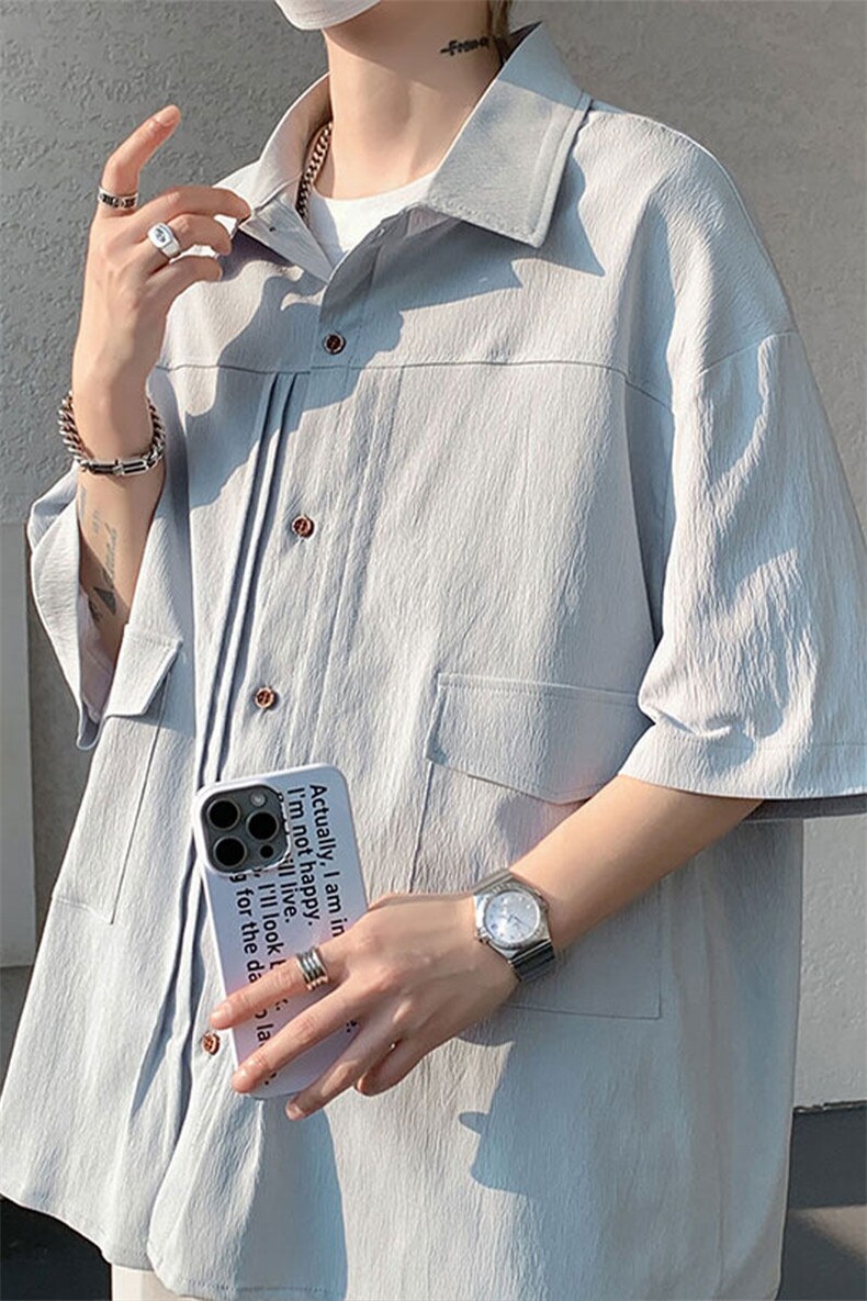 现货CS1125-TP28控58衬衫男褶皱设计夏季新款不规则大码短袖,男装衬衫,电商A059