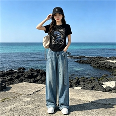 甜美时尚休闲套装女夏季新款圆领印花烫钻上衣设计牛仔长裤两件套，女装套装/套裙，江南
