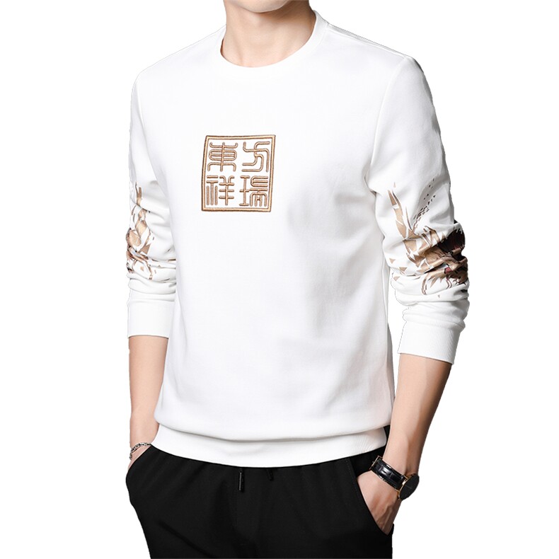 潮刺绣卫衣2023春季新款中青年男装上衣服圆领长袖纯色打底t恤,男装卫衣,电商B212（原钱塘6029）