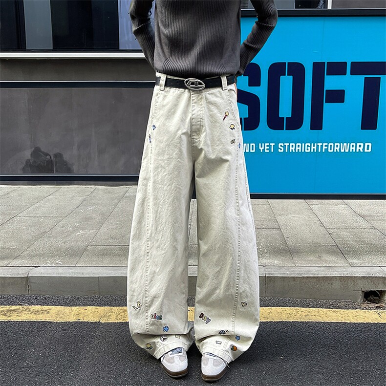 8X-M卡通绣花休闲裤男2025新款情侣宽松阔腿弯刀裤子K9173P78，男装休闲裤，电商D206-1