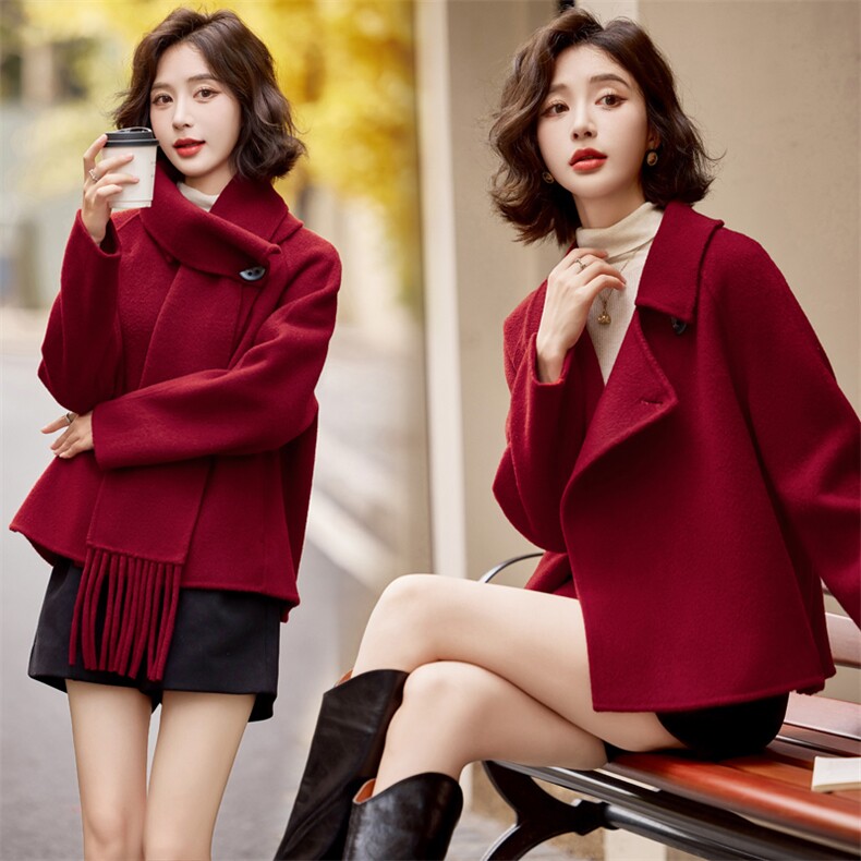 秋冬24年新款双面羊毛大衣女气质通勤百搭短款显瘦绵羊毛外套，女装双面呢大衣，小荷流