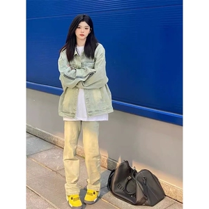 美式高街vibe牛仔外套男女春秋复古港风chic潮拉链设计感网图图片