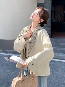 现货新款2026春装文艺风短款气质风衣外套女送丝巾图片