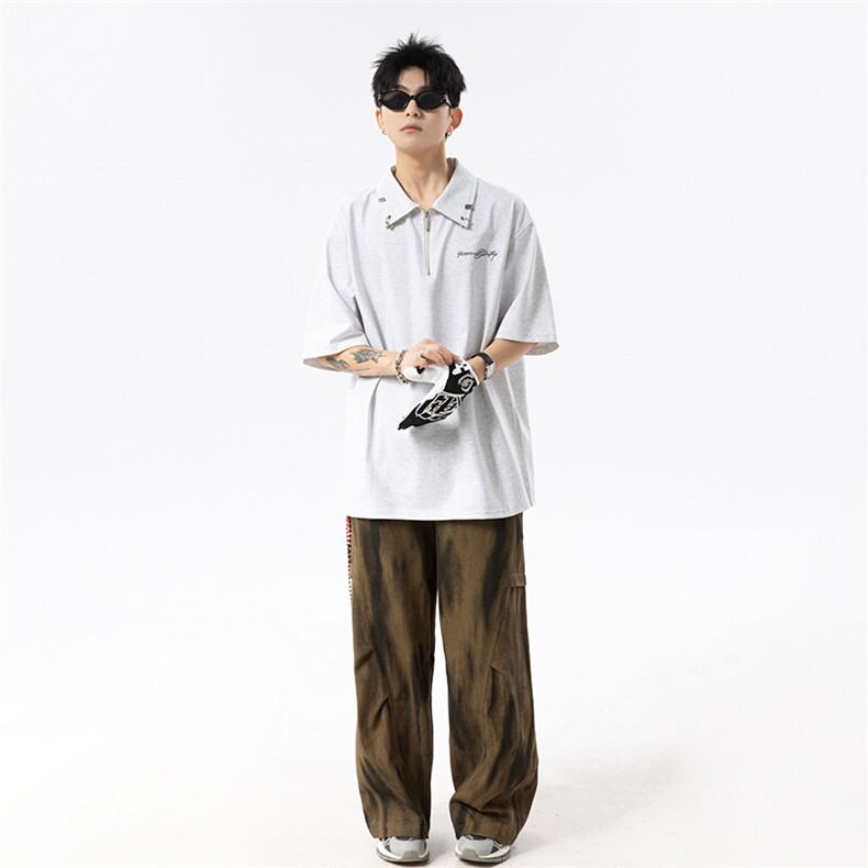 半拉链刺绣金属扣Polo衫防晒凉感短袖T恤男小众设计上衣潮,男装防晒衣,星座516