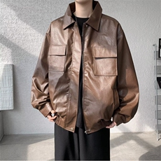 美式复古棕色PU皮飞行员外套男女宽松休闲机车皮衣夹克W6450-P67，男装皮衣，星座412-3
