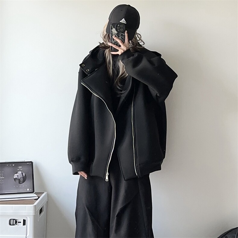 抖音得物品质26春装美式重磅结构斜拉链高领连帽卫衣开衫外套W61,女装短外套,电商A486
