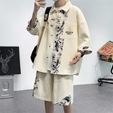 新中式竹纹拼接短袖衬衫夏季风潮牌半袖衬衣外套A436-T18-P65，男装T恤，电商A436