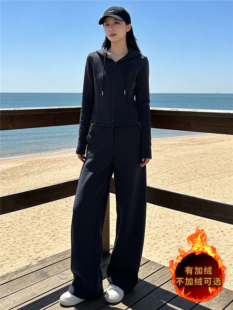休闲运动套装女秋冬新款纯色拉链开衫卫衣抽绳阔腿长裤显瘦两件套,女装套装/套裙,江南