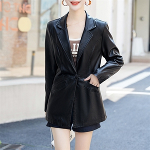 皮衣女2023年新款春秋款修身休闲西装外套收腰pu中长款西服皮夹克图片