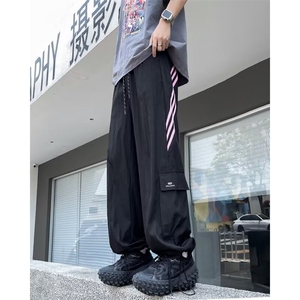 美式大口袋工装裤子男士夏季薄款条纹运动裤高中生户外冲锋休闲裤图片