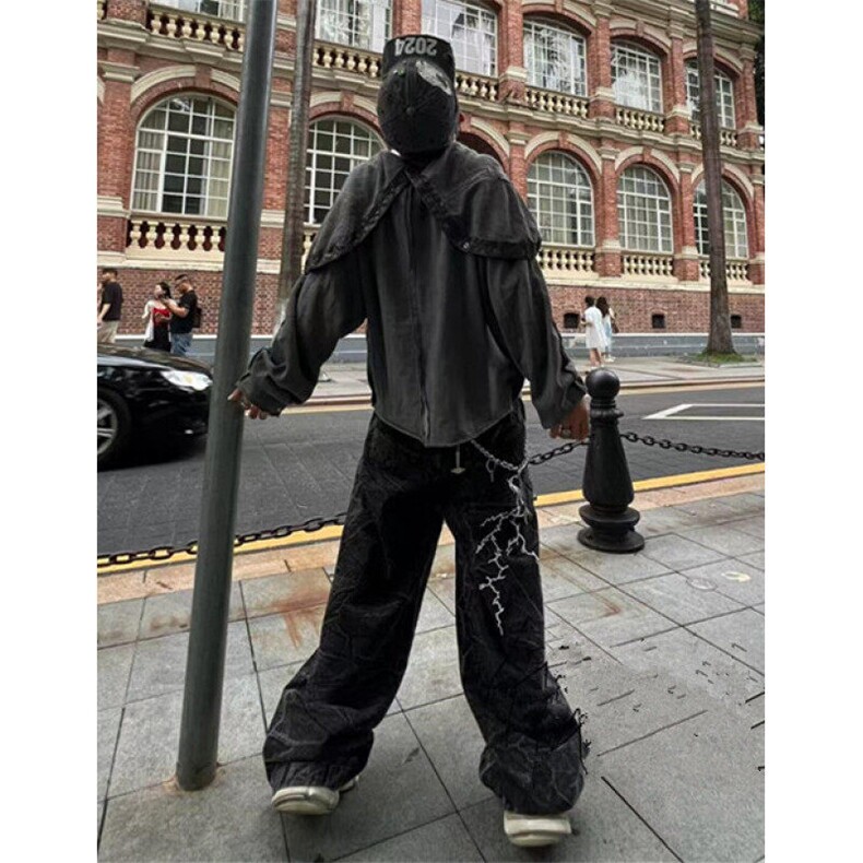 小众闪电刺绣阔腿牛仔裤男春秋季宽松休闲水洗长裤NG110,男装牛仔裤,星座1116A（原606A-3）