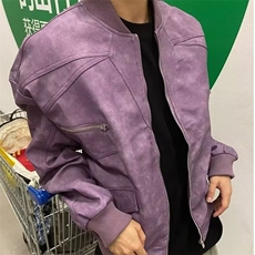 美式复古PU皮夹克男春秋季紫色解构工装外套短款机车夹棉棒球服，男装夹克，星座715-4