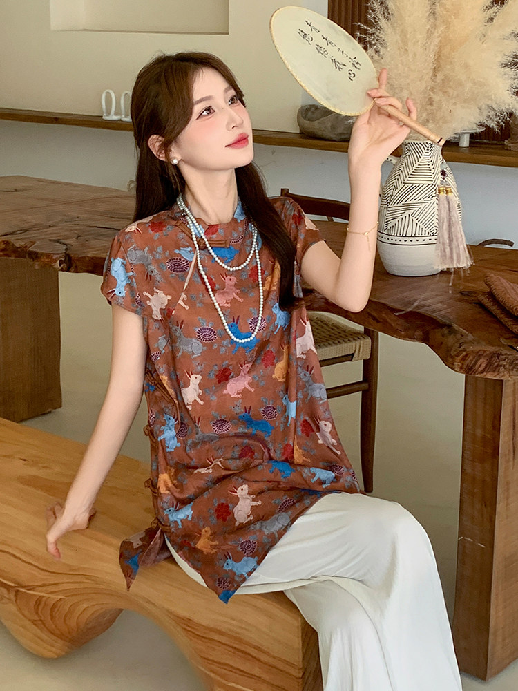 珐琅彩兔中式风格小众设计显瘦2025夏季女套装,女装套装/套裙,玖莱伊