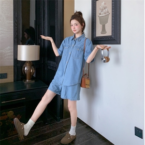 现货！牛仔套装女夏季牛仔短袖高腰短裤两件套2C212-G86-P135-188图片